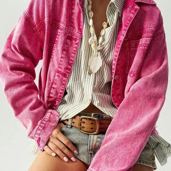 Hot Pink Casual Women's Loose Fit Dropped Shoulder Long Sleeve Washed Jacket - Picture 8 of 8